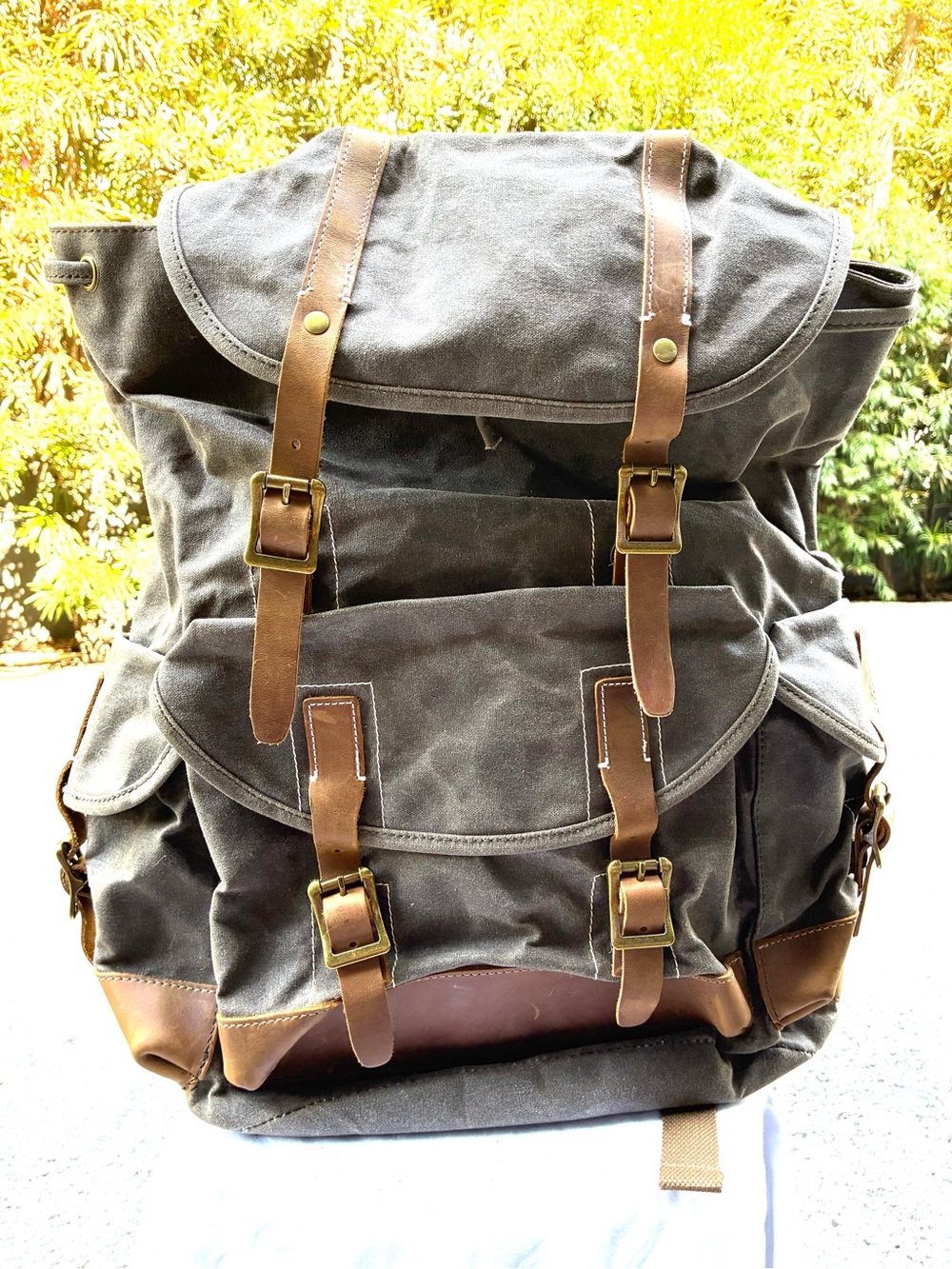 New Brass Tacks Leathercraft Olive Waxed Canvas Backpack